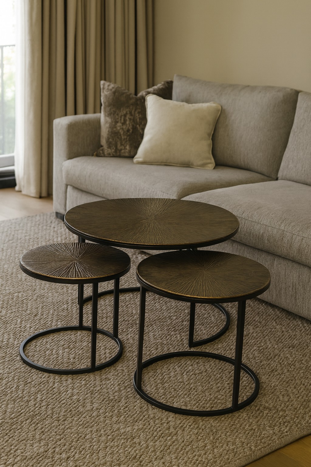 Luxe Rond Bijzettafel Set “Bronze Sun” – 3-delig Metaal & Houtlook