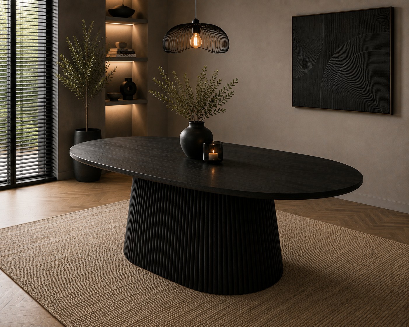 Kioto Ovale Eettafel – Japandi Zwart Eiken